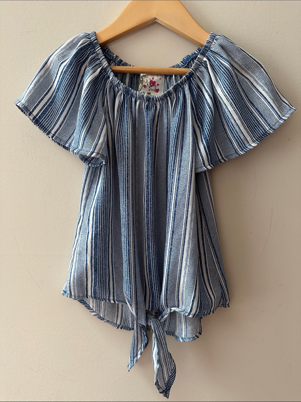 8/$25 Jenna & Jessie Striped Blue Tie-Front Off-Shoulder Women's Top